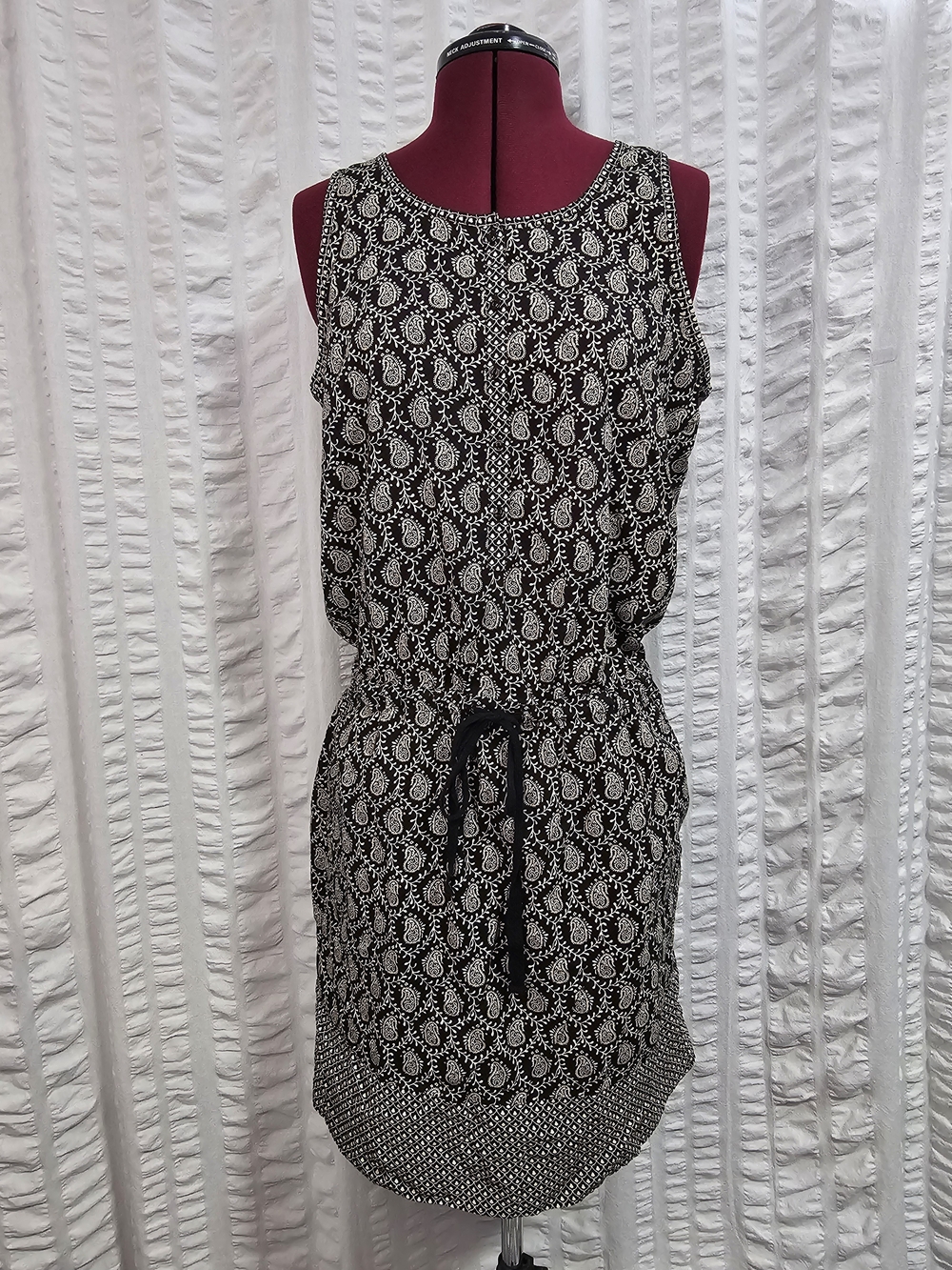 Paisley Blouson Boho Tank Black Grey/Cream Sleeveless Drawstring Mini Dress